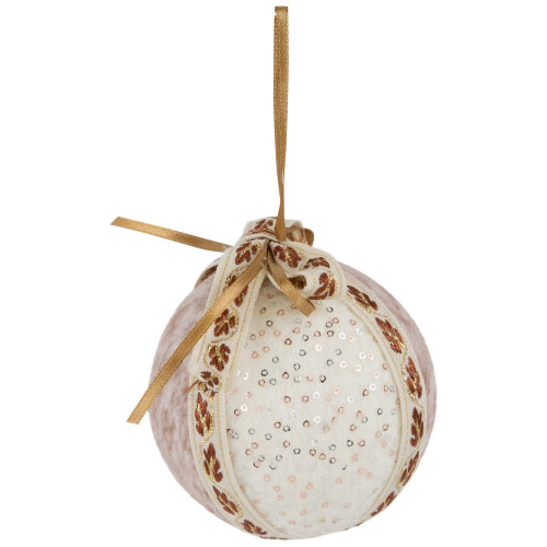 Embroidered Leaves Christmas Ball Ornaments - 3" - Cream - Set of 6