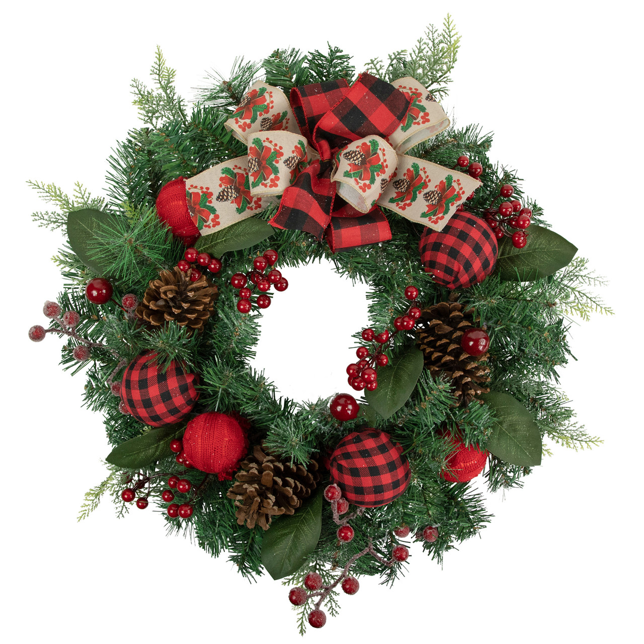 Pine Artificial Christmas Wreath with Bows and Plaid Ornaments - 24" - Unlit