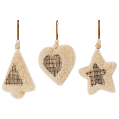Plush Tree, Star and Heart Shaped Plaid Christmas Ornaments - 4.5" - Set of 3
