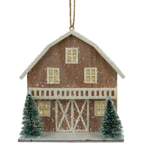 4" Battery Operated Lighted Rustic House with Trees Christmas Ornament