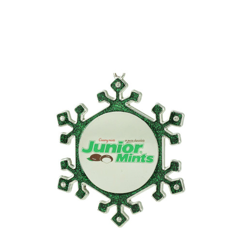 3.25" Green and Silver Snowflake 'Junior Mints' Candy Logo Christmas Ornament