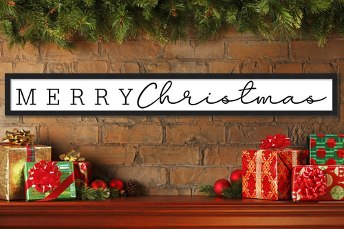Giant Merry Christmas 6.5" x 49.5" Framed Christmas Wall Decor Art Print Sign Poster in a Black Wooden Frame with UV Acrylic and Hangers