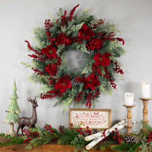 Real Touch? Poinsettia and Pinecone Artificial Christmas Wreath - 38" - Unlit