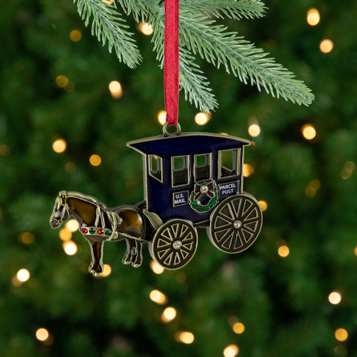 3.25" U.S. Mail Parcel Horse and Buggy Christmas Ornament with European Crystals