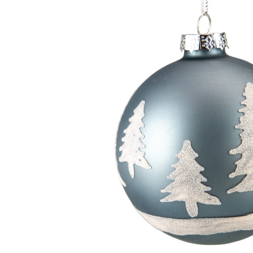 4" Slate Blue with Glittered Trees Glass Ball Christmas Ornament