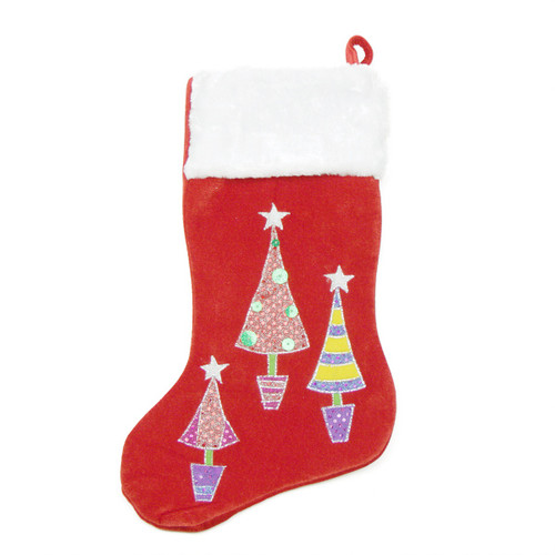 20" Red and White Embroidered Velveteen Cuff Christmas Tree Stocking