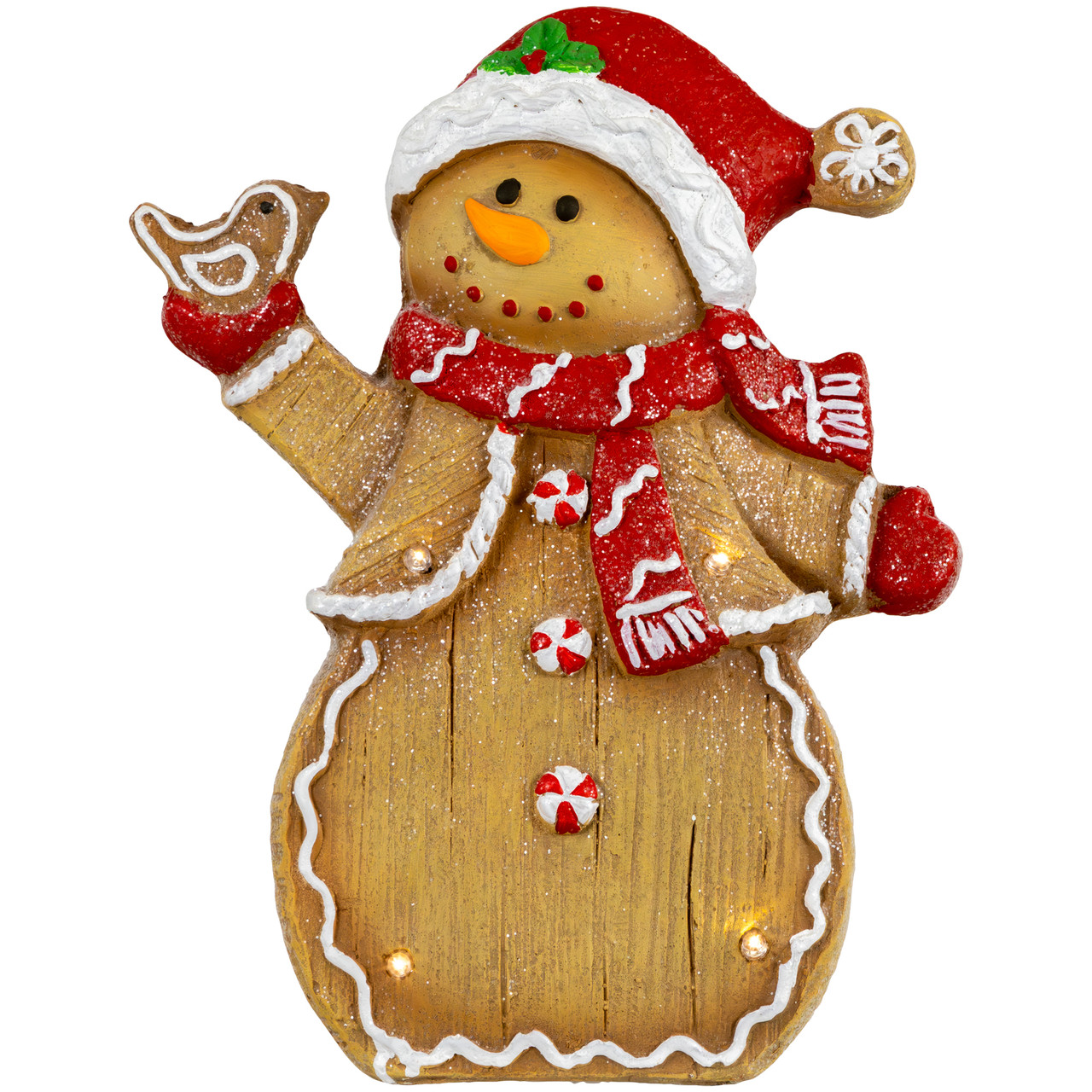 LED Lighted Gingerbread Snowman with Bird Christmas Figure - 15"