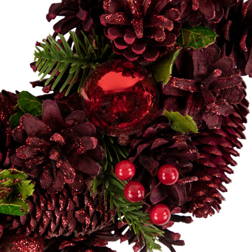 Red Pinecone, Berry and Ornament Christmas Wreath, 13.5-Inch, Unlit