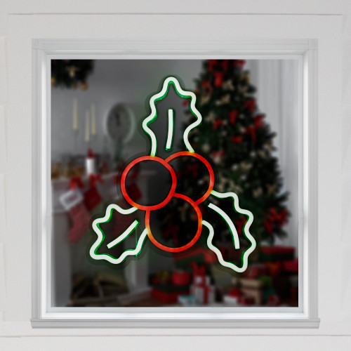 12" LED Lighted Neon Style Holly Berries Christmas Window Silhouette