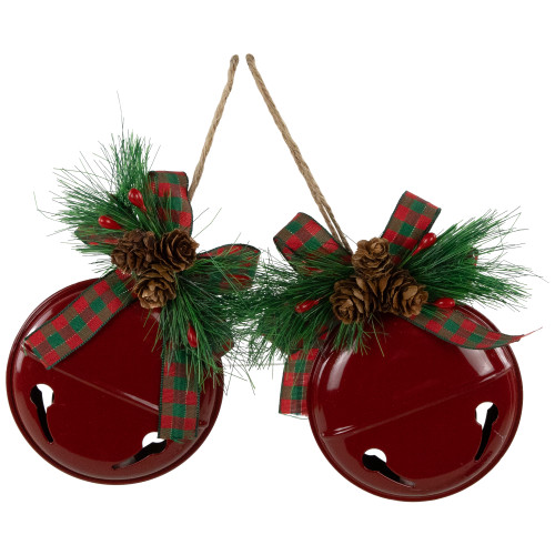 Jingle Bells with Bow and Pinecones Christmas Disc Ornaments - Red - 5" - Set of 2