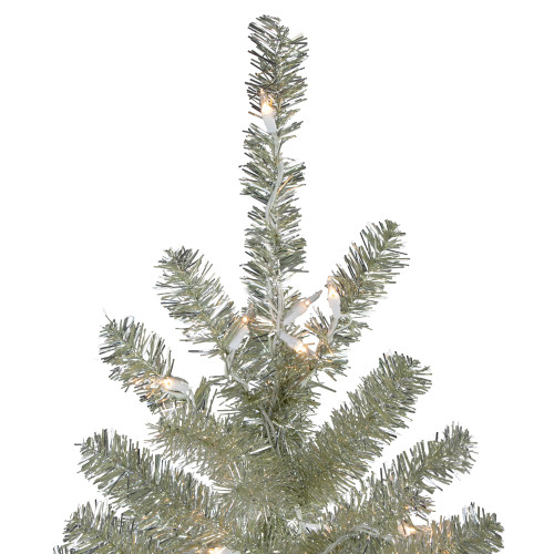Metallic Platinum Artificial Tinsel Christmas Tree - 7 ft Clear Lights