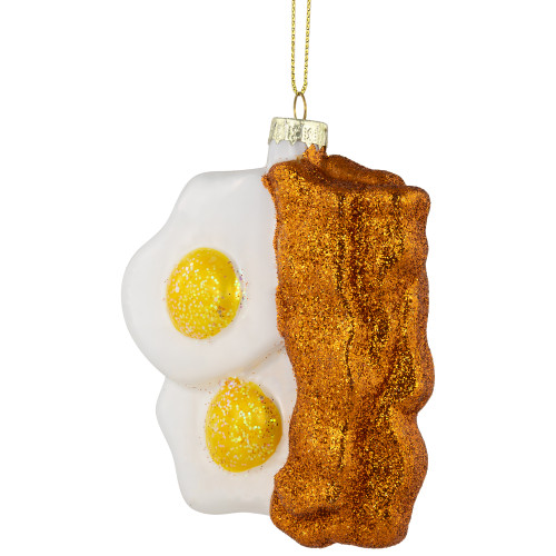 3.75" Eggs and Bacon Glittered Glass Christmas Hanging Ornament