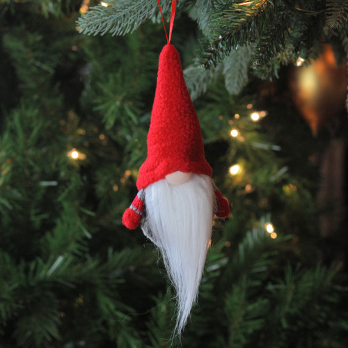 6�� Tiny Gray and Red Striped Faux Fur Christmas Santa Gnome Ornament