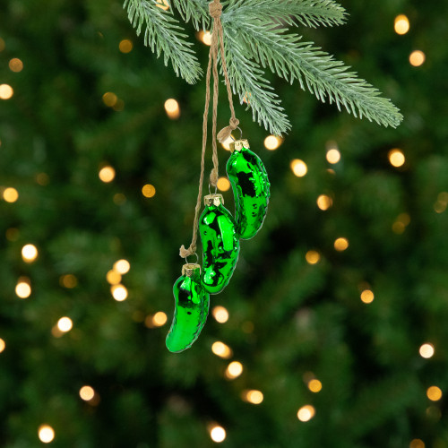 8.5" Green Shiny Pickle Cluster Trio Glass Christmas Ornament