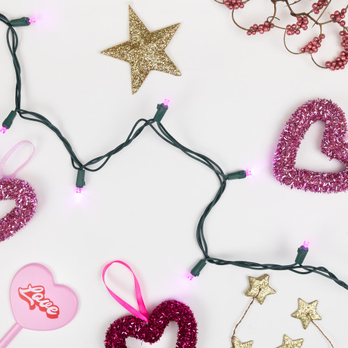 50ct Pink LED Wide Angle Christmas Lights, 16.25ft Green Wire