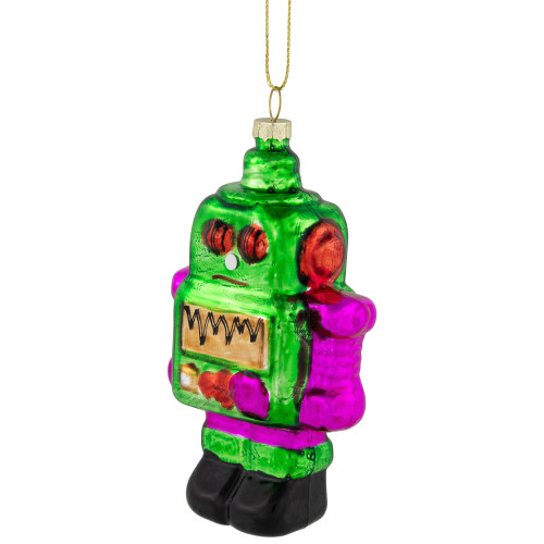 5" Green and Purple Robot Glass Christmas Ornament