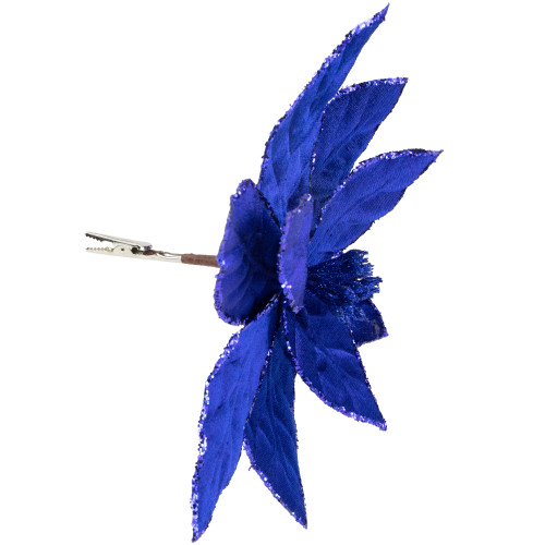 10" Royal Blue Glittered Poinsettia Christmas Floral Pick Clip-On Ornament