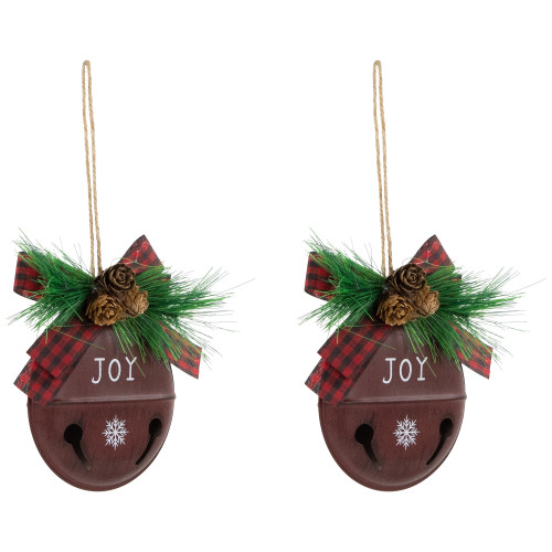 Snowflake "Joy" Jingle Bell Disc Ornaments - 5" - Set of 2