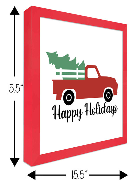 Happy Holidays Red Truck 15.5" x 15.5" Framed Christmas Wall Decor Art Print Sign Poster in a Red Wooden Frame with UV Acrylic and Hangers