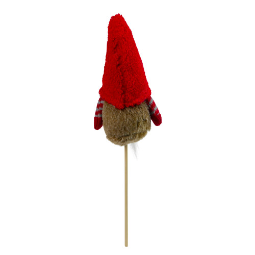 11.5" Tiny Gray Faux Fur Santa Gnome with Red Hat and Striped Arms on a Stick Christmas Decoration