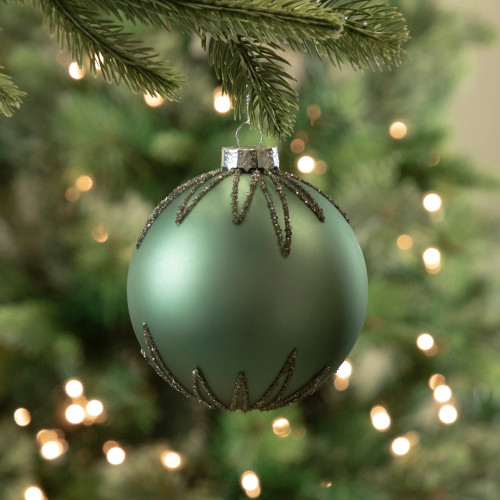 4" Matte Green Starburst Design Glass Ball Christmas Ornament