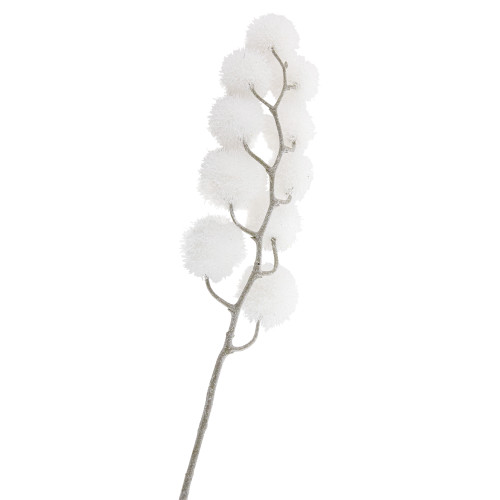 24" White Glittered Pom Pom Artificial Christmas Spray