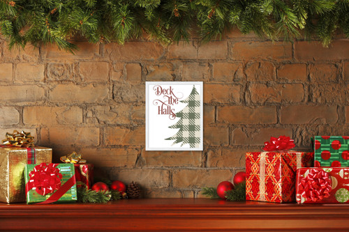 Deck the Halls - Plaid Tree 10" x 12.5" Framed Christmas Wall Decor Art Print Sign Poster in a Natural Wooden Frame with UV Acrylic and Hangers