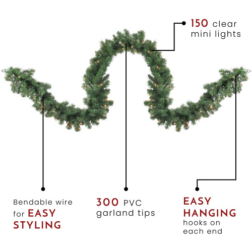 Pre-Lit Deluxe Windsor Green Pine Christmas Garland - 9' x 18" - Clear Lights