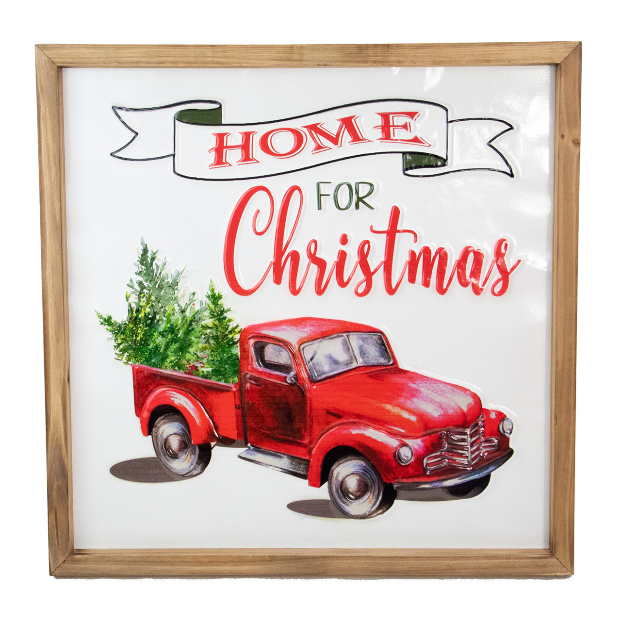 16" Red Vintage Truck With a Forest Tree "Home For Christmas" Metal With a Wooden Frame Wall Decor