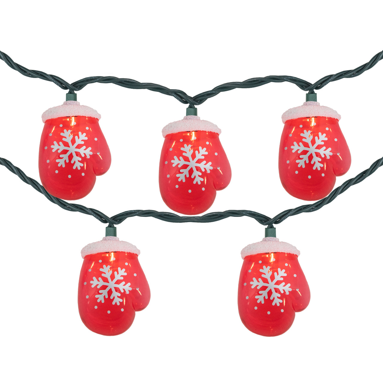 10 Count Red Snowflake Mitten Christmas Light Set, 7.5ft Green Wire