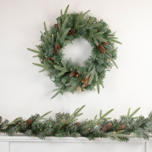 Pre-Lit Battery Operated Mixed Pine and Pine Cone Christmas Wreath - 24" - Warm White LED Lights