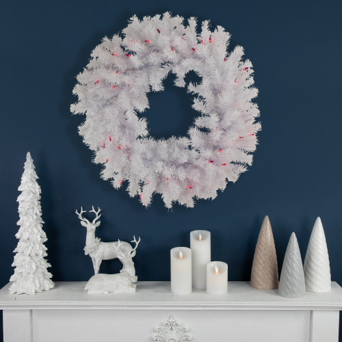 Pre-Lit Geneva White Spruce Artificial Christmas Wreath, 24-Inch, Pink Lights