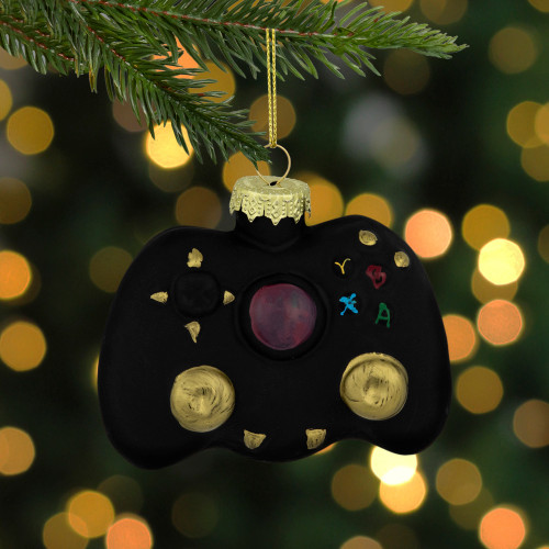 4" Black Game Controller Glass Christmas Hanging Ornament