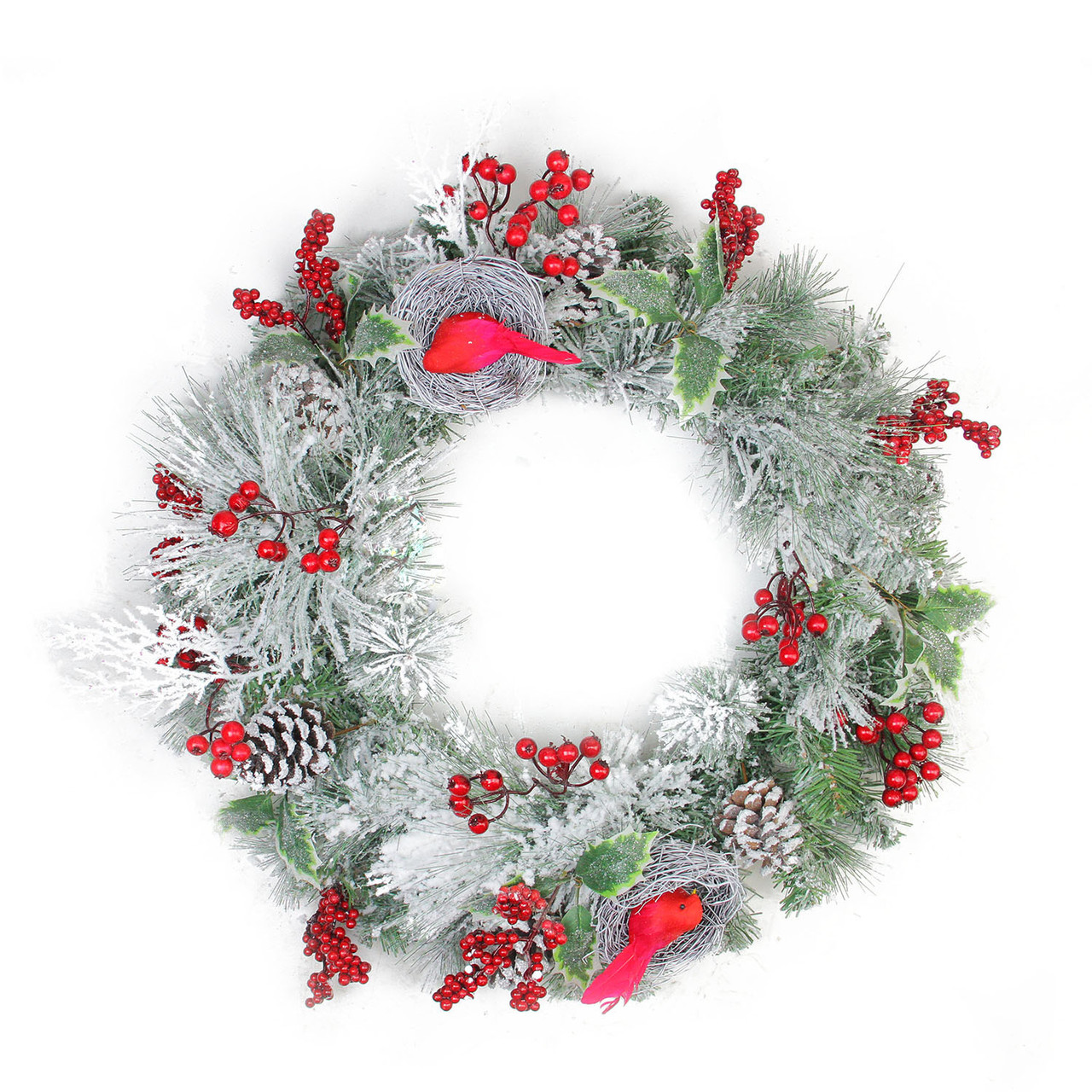 Berries and Cardinals Nests Flocked Pine Artificial Christmas Wreath - 24" - Unlit