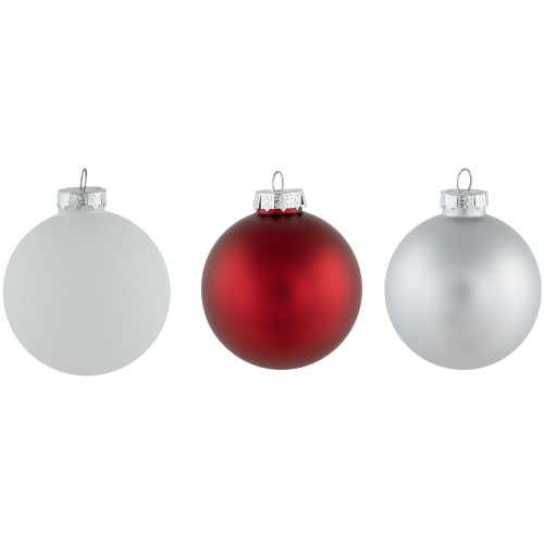 72ct Red, Silver and White Shiny and Matte Glass Ball Christmas Ornaments 3.25-4"