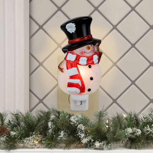 6.5" White and Red Snowman in Black Top Hat Christmas Night Light