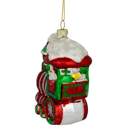 4.5" Red and Green Glittered Train Christmas Glass Hanging Ornament