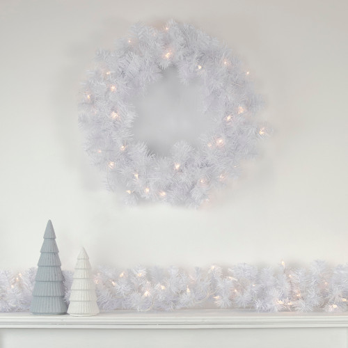 Pre-Lit Pine Artificial Christmas Wreath - 24" - White - Clear Lights