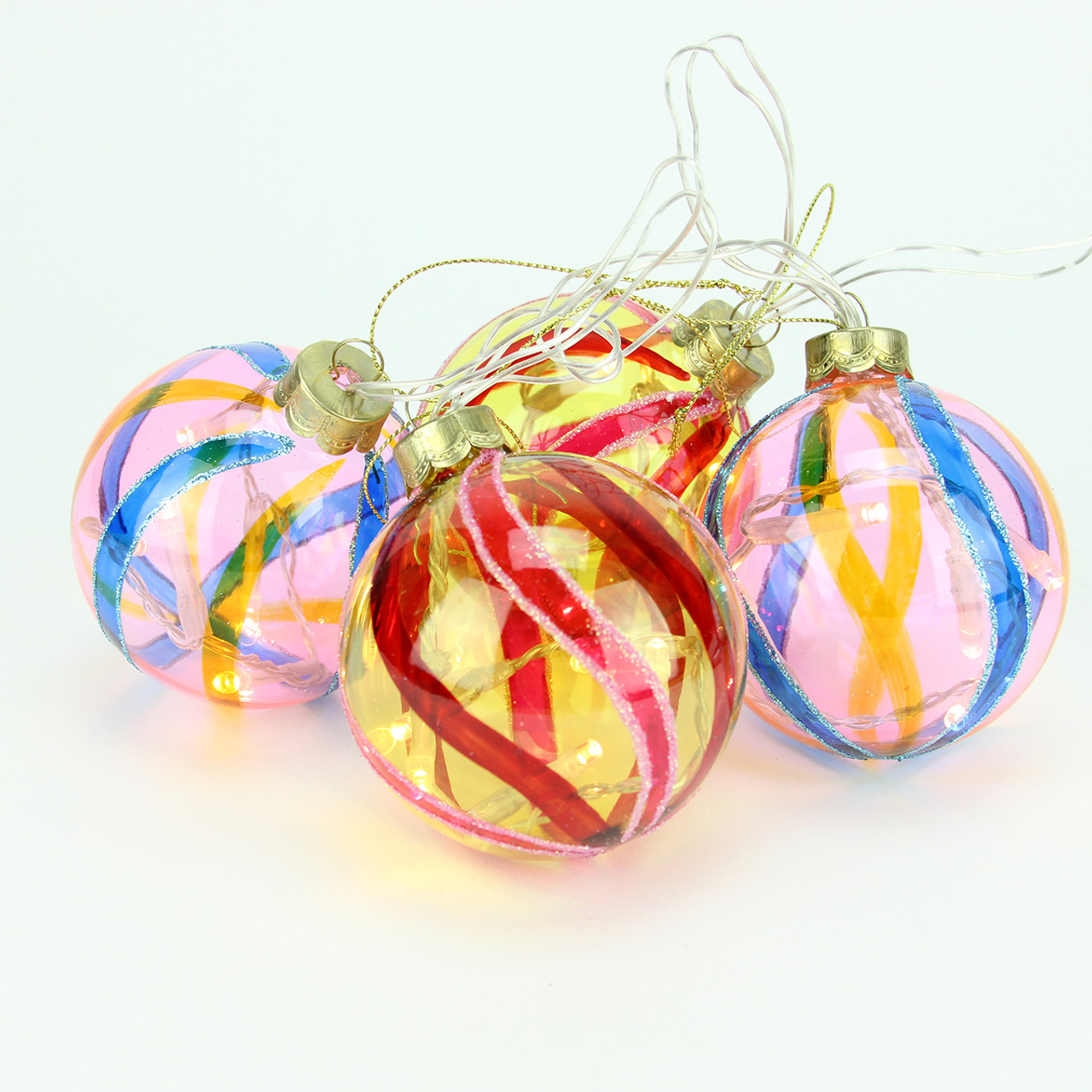 4ct Pink and Red LED Lighted Swirl Glass Christmas Ball Ornaments 3.25" (82mm)