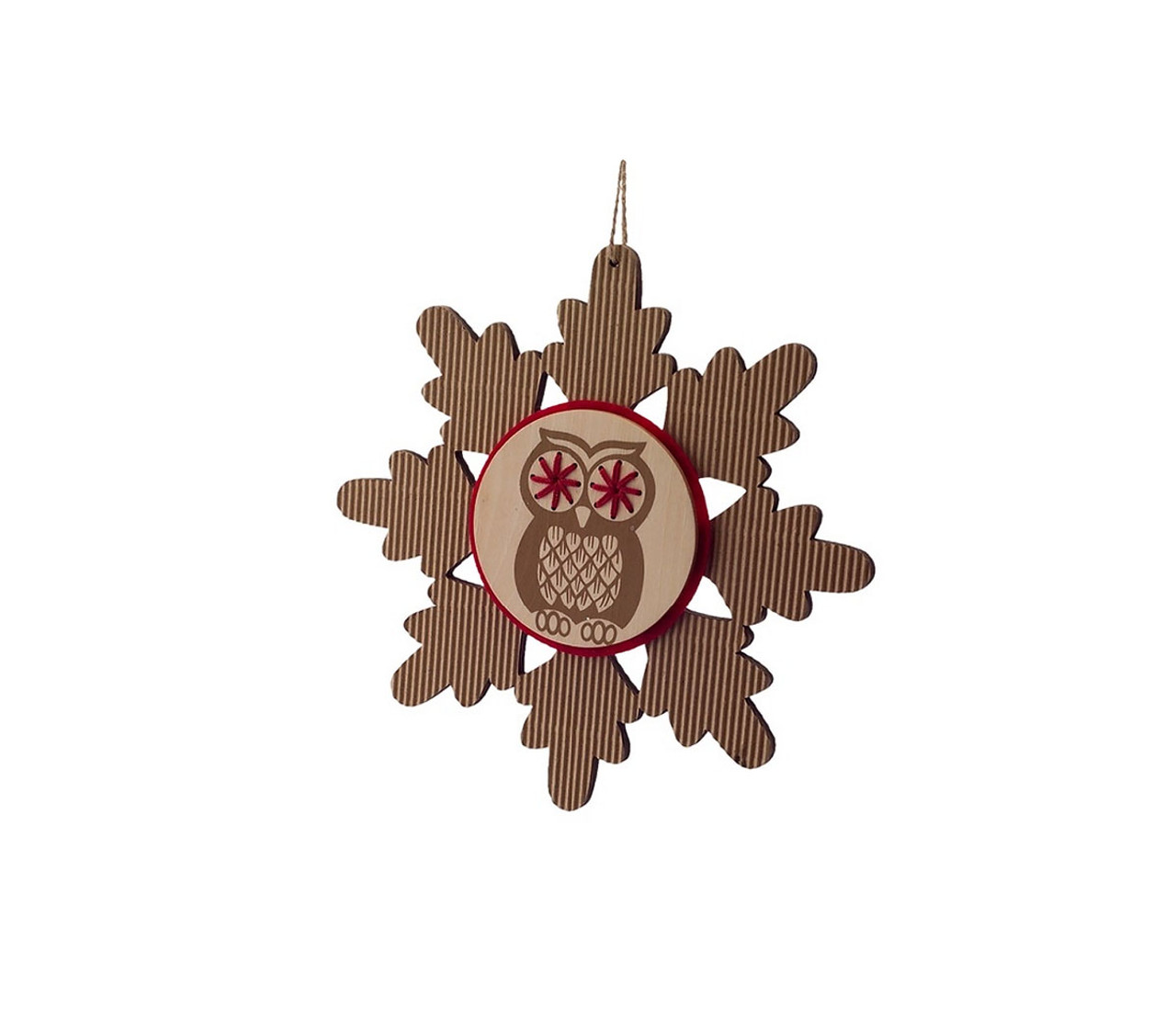 7" Brown and Red Embroidered Craft Snowflake with Owl Stamp Christmas Ornament