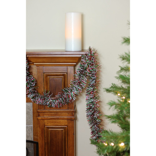 Wide Cut Shiny Tinsel Christmas Garland - 50' x 4" - Silver, Red and Green - Unlit