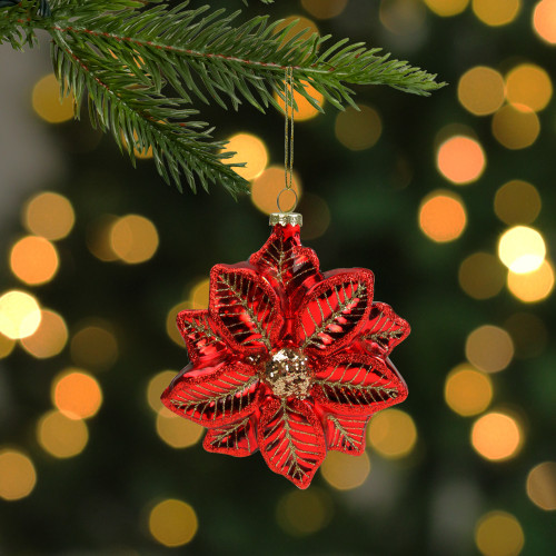 4.5" Red and Gold Glittery Poinsettia Glass Christmas Ornament