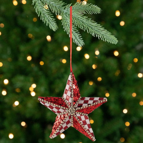 Sequined and Checkered Star Christmas Ornament -  6" - Red