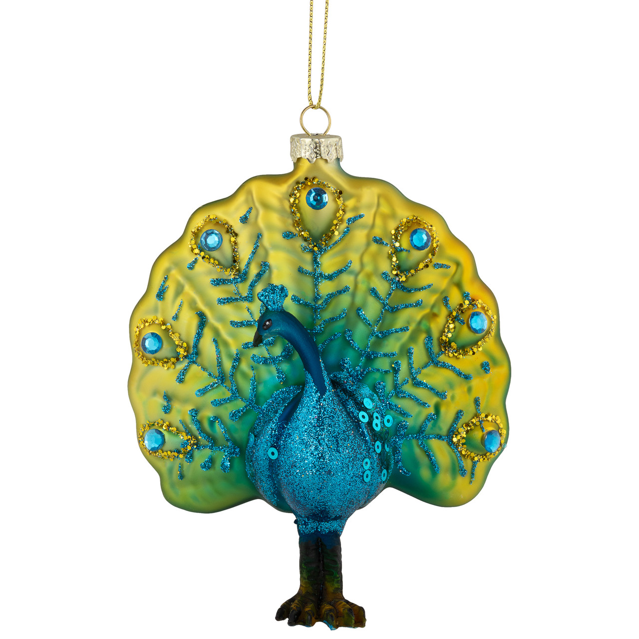 4.75" Glittered Blue and Gold Peacock Glass Christmas Ornament