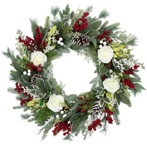 Real Touch?? Mixed Foliage and Roses Artificial Christmas Wreath 30" - Unlit