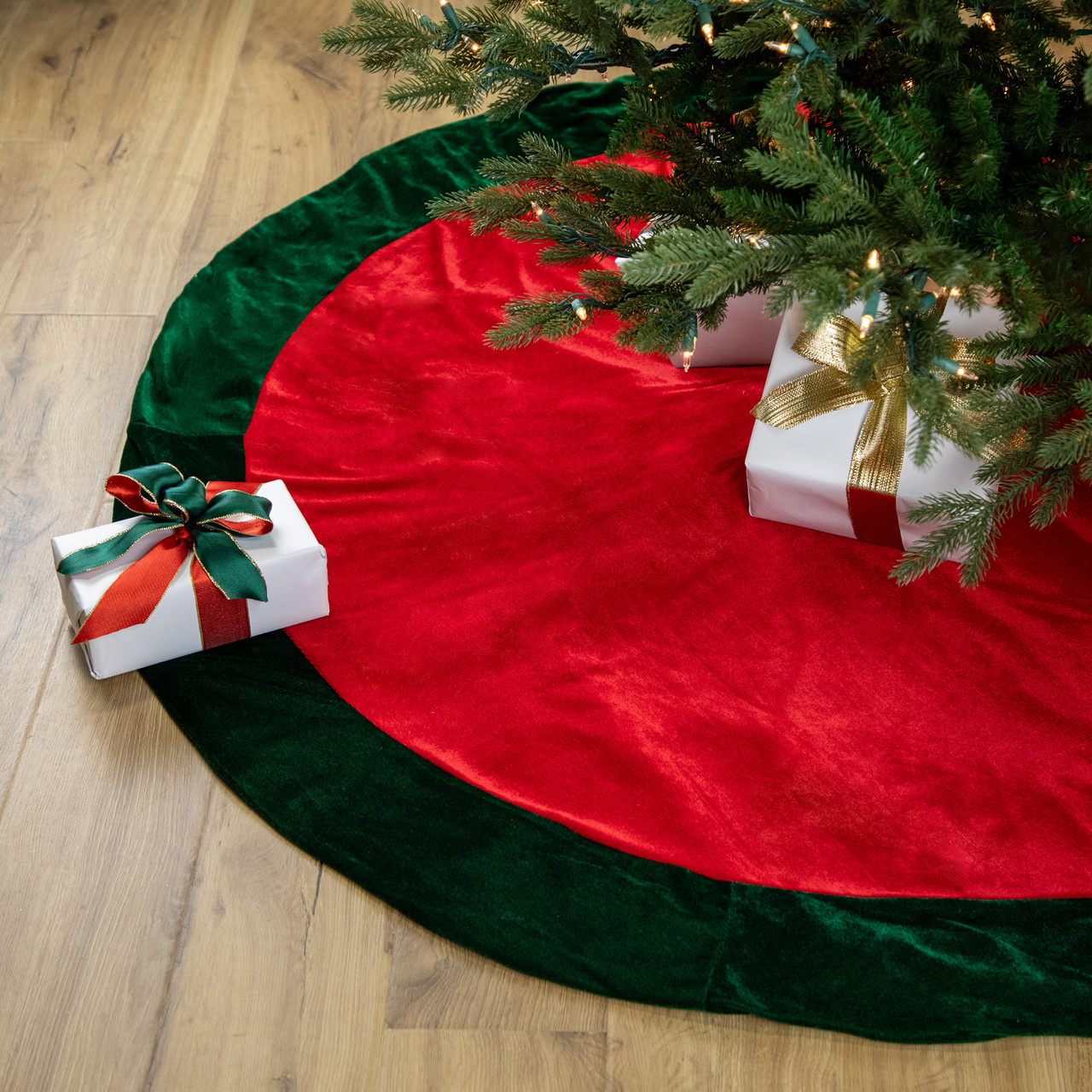 60" Red Traditional Christmas Tree Skirt with Green Border Trim