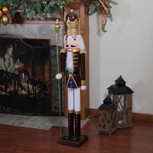 48" Burgundy and White Wooden Christmas Nutcracker King with Scepter