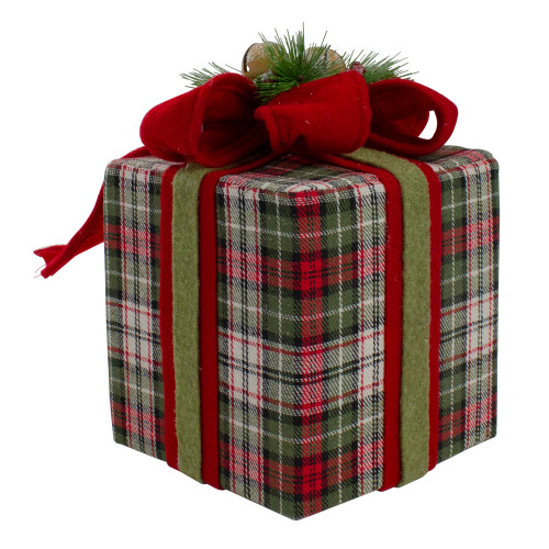 9" Red and Green Plaid Christmas Present Decoration with Bow
