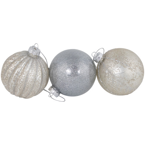 Glittered and Matte Finish Christmas Glass Ball Ornaments - 3" (80mm) - Silver - 9ct
