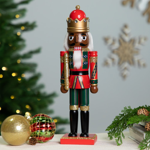 African American Nutcracker King Christmas Figure - 14.25" - Red and Green